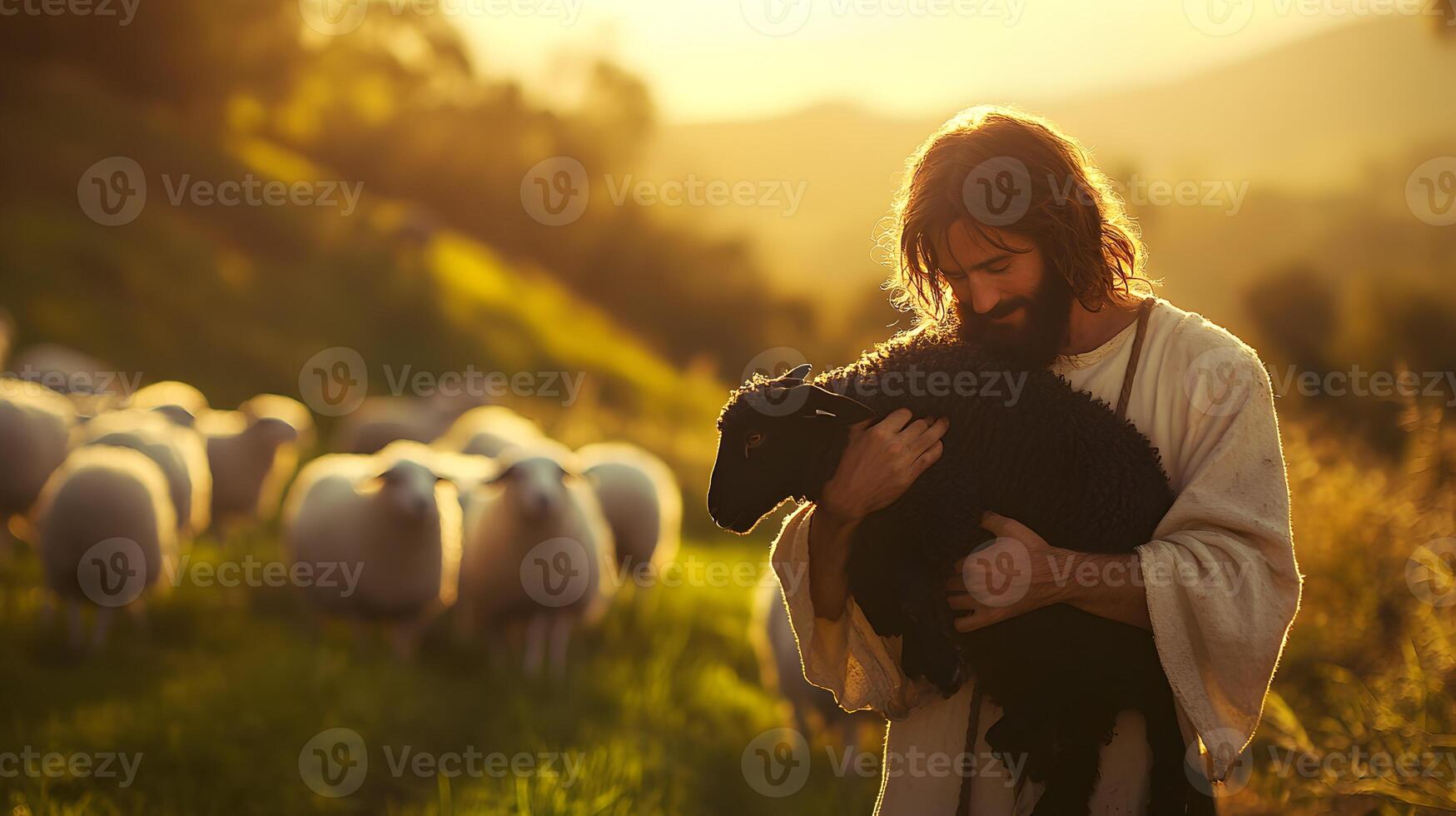 Gentle Guardian Embraces Black Sheep amid Golden Meadow, Symbolizing Redemption and Compassion photo