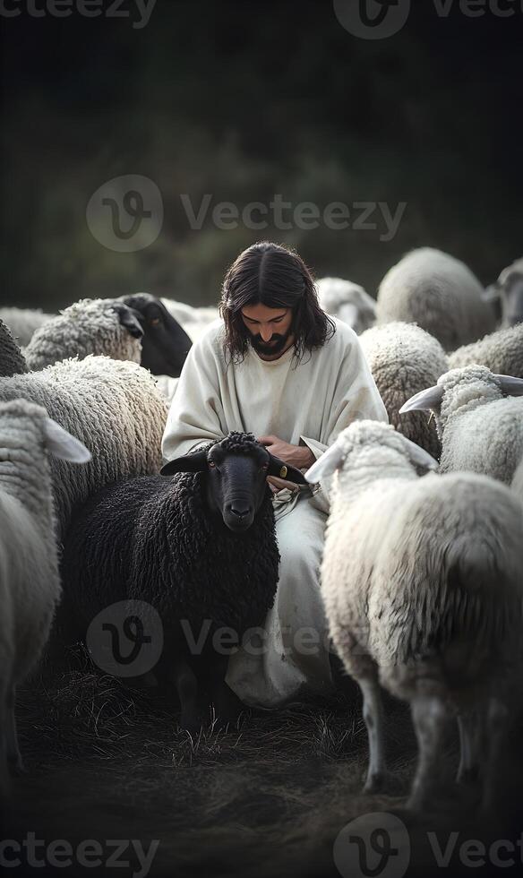 Tranquil scene depicting compassion shepherd amidst a flock, tending to a unique black sheep photo