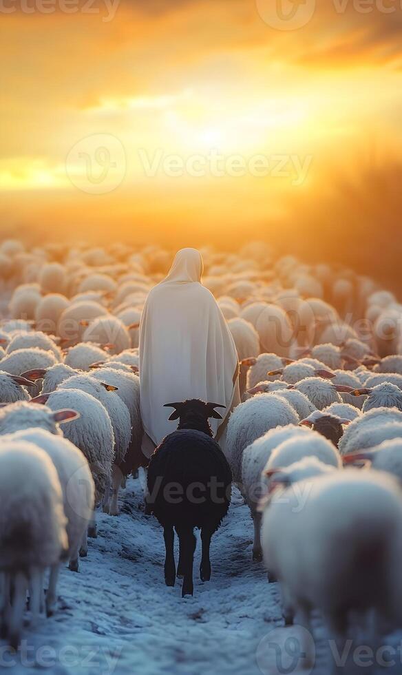 Shepherd guiding a flock with a single black sheep towards the sunlit horizon serene journey photo