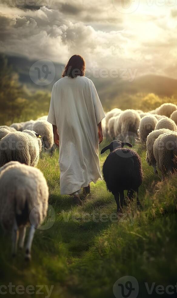 A serene journey pastoral scene of figure leading sheep in verdant meadow under a luminous sky photo