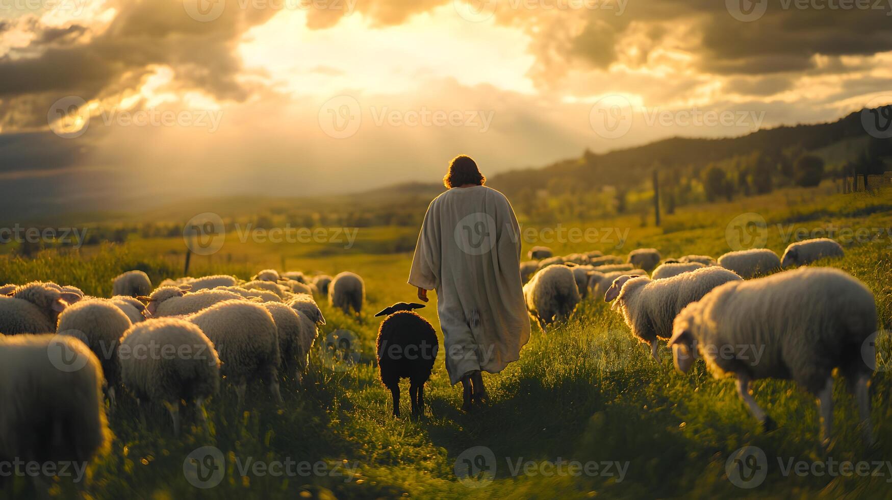 Shepherd and flock at sunset stroll through idyllic meadow bathed in golden light radiance photo