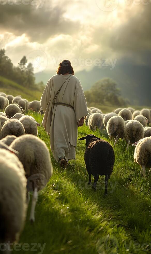Shepherd guiding flock, tranquil meadow, faith depiction, symbolic journey, divine leading, serenity photo