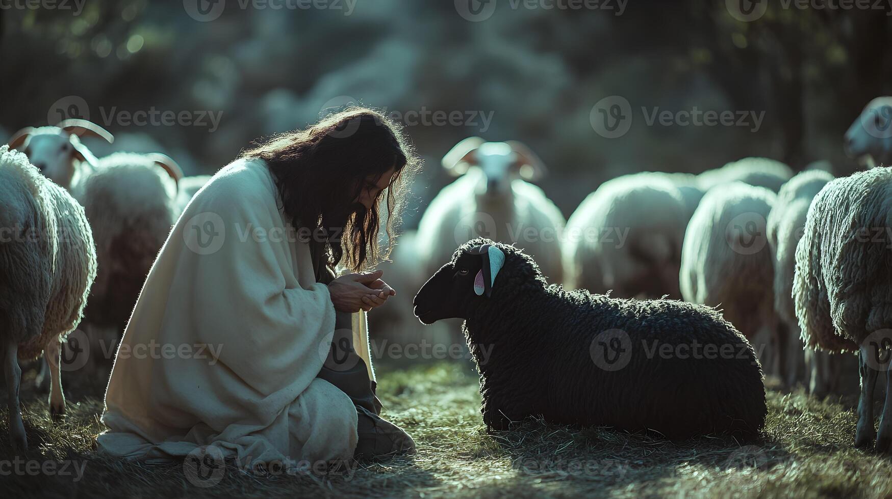 Shepherd caring for a black sheep among the flock kneeling with compassion and devotion photo