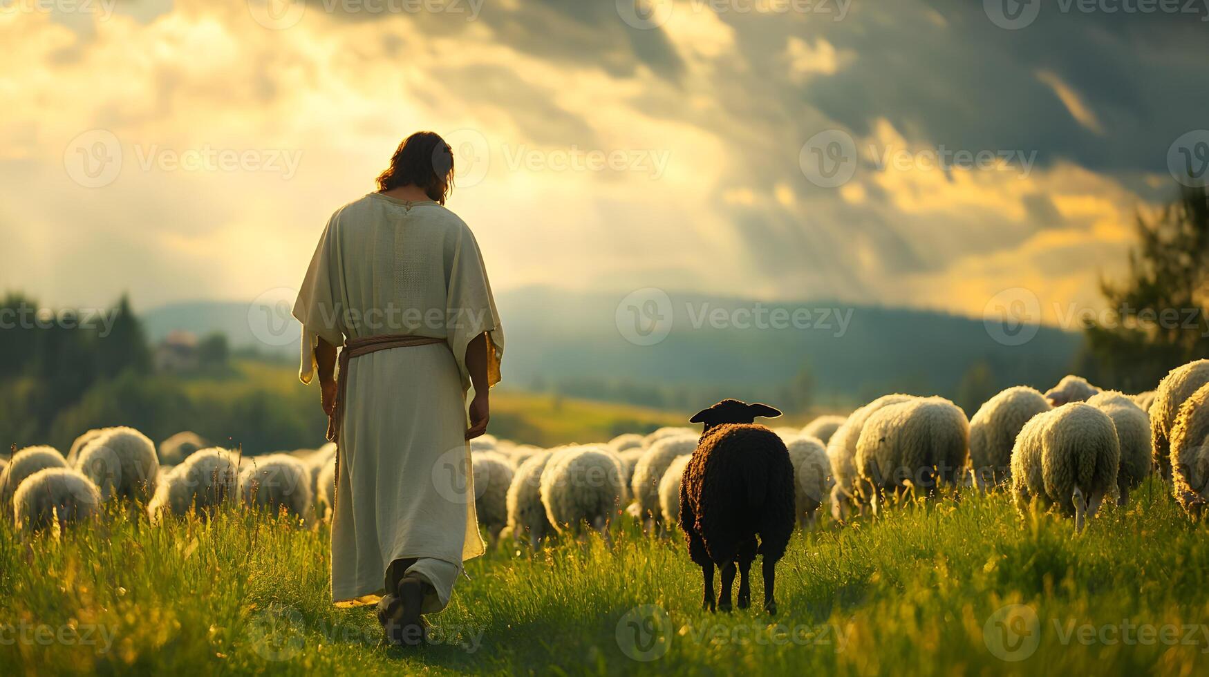 Serene pastoral scene with a figure guiding sheep through sunlit meadow tranquility photo