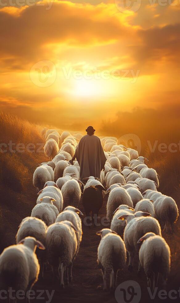 A Symbolic Journey A Shepherd Guides White Sheep Along a Path with a Single Black Sheep photo