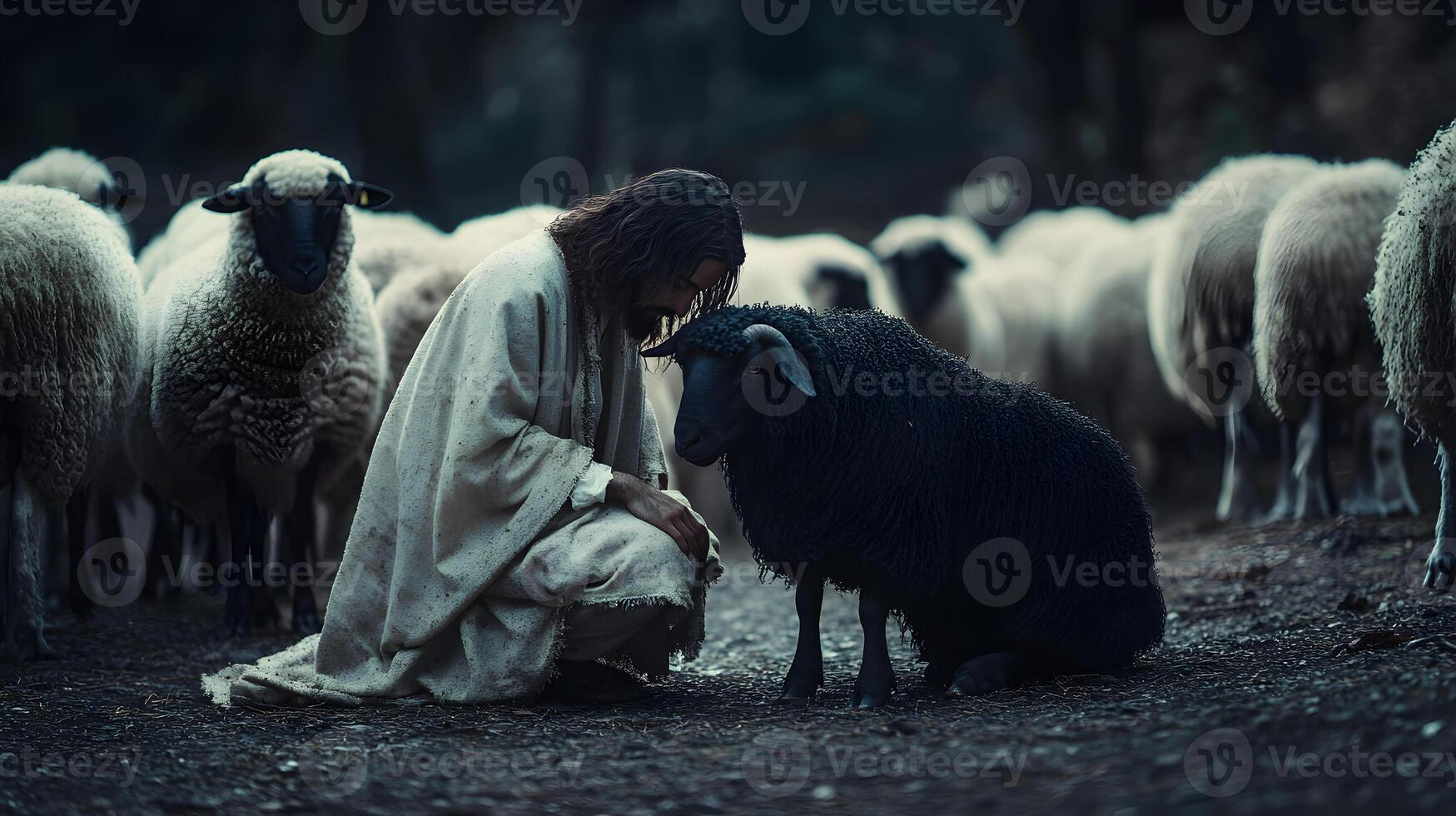 Compassionate Shepherd tending to a black sheep amidst a flock in gentle chiaroscuro light photo