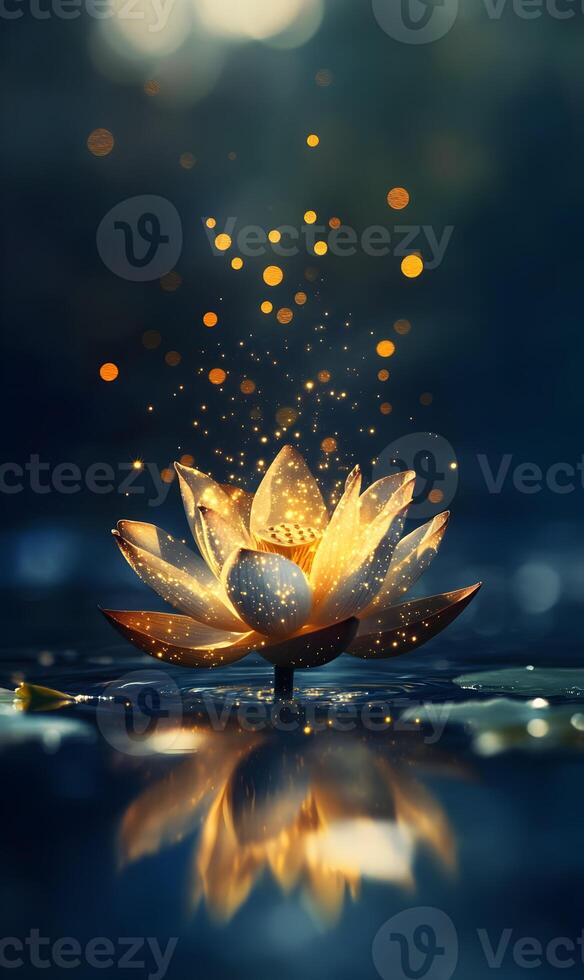 Radiant Lotus Blossom floating serenely on water with a showering golden ethereal light. photo
