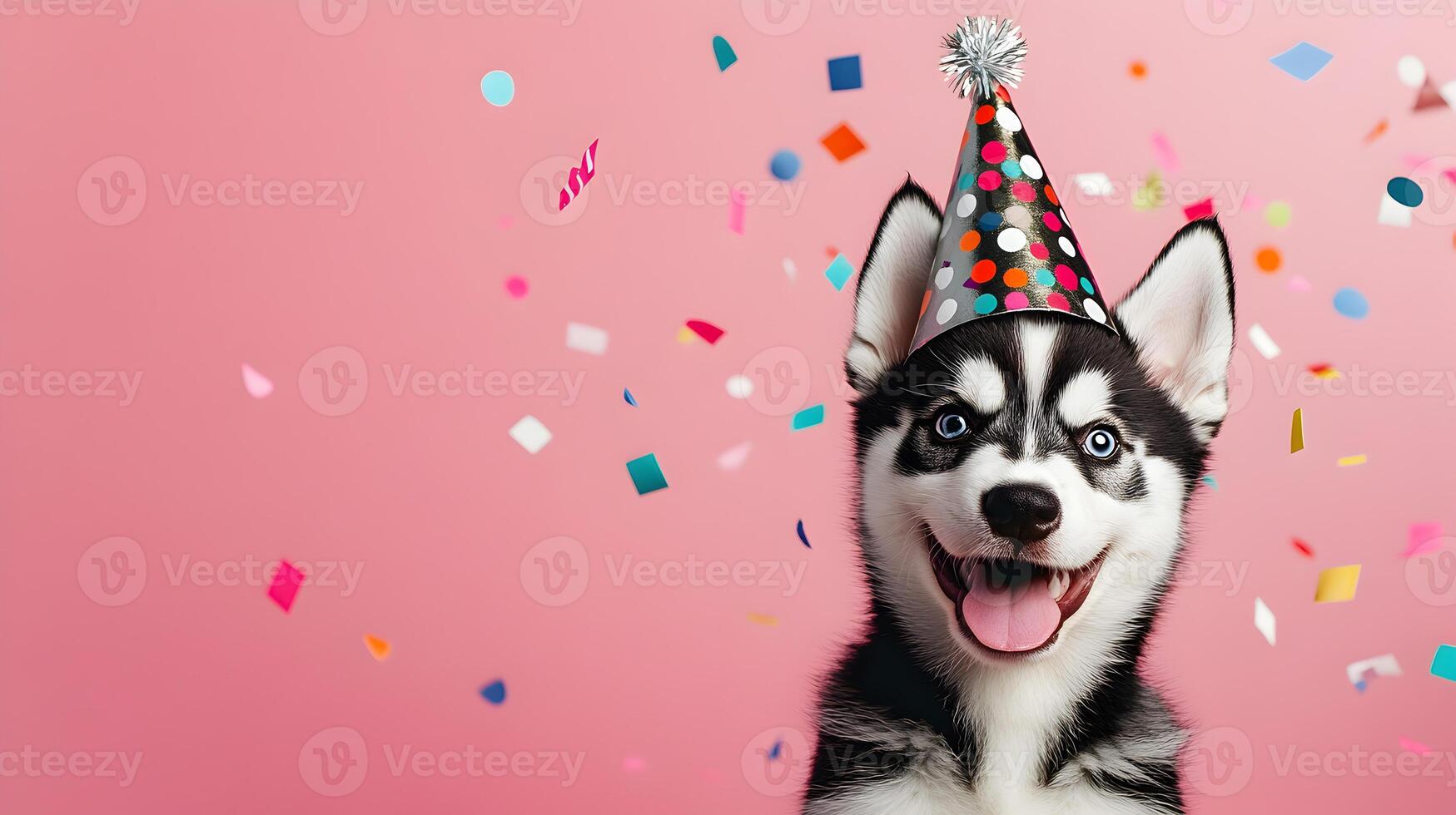 Joyful Husky Celebrating with Confetti and Party Hat in a Festive Atmosphere Creation photo