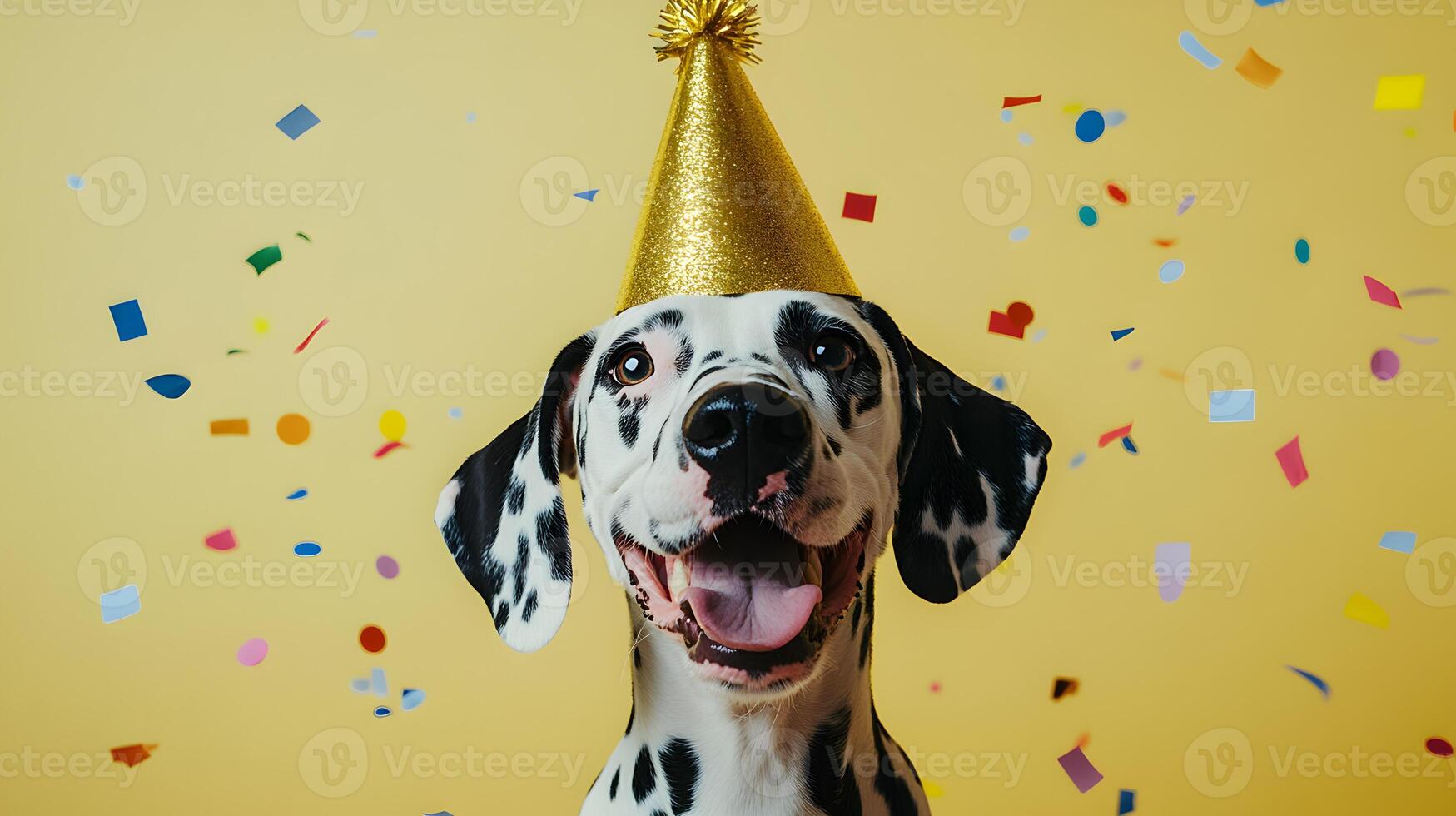 Festive canine celebration featuring a cheerful dalmatian wearing a golden party hat photo