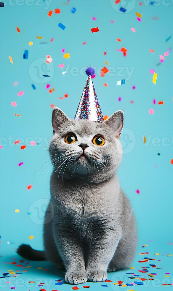 A charming gray cat celebrates special occasions adorned with confetti and a festive hat photo