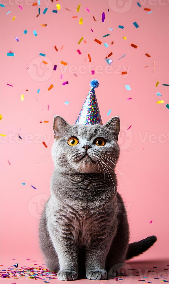 Celebrating a feline fiesta with a stylishly gray cat adorned with a festive party hat photo