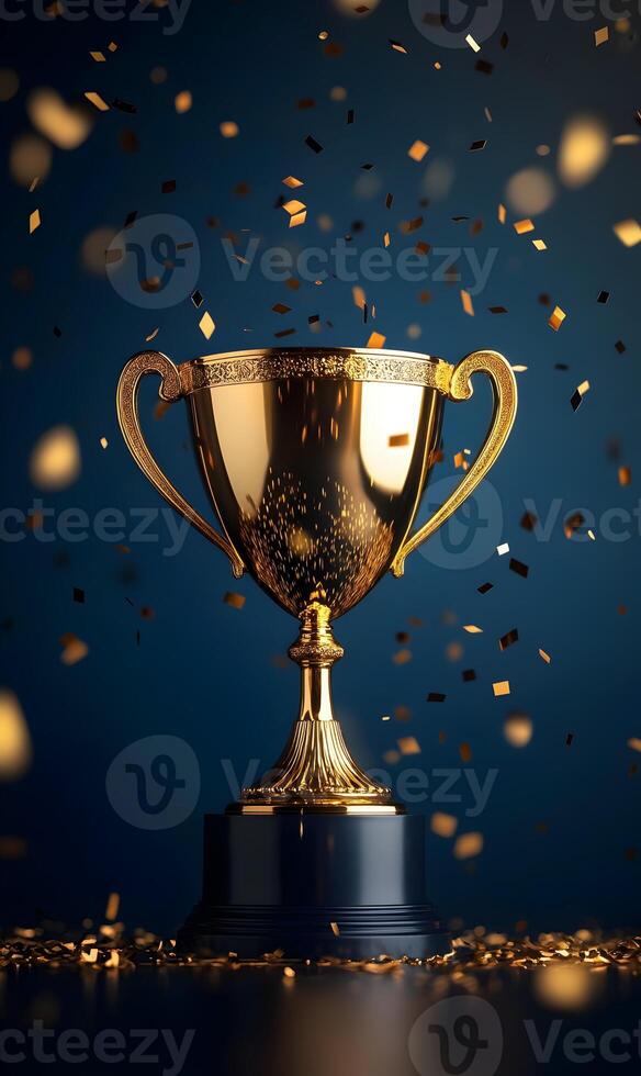 Golden victory celebration, conceptual award trophy with falling golden confetti showers concept photo