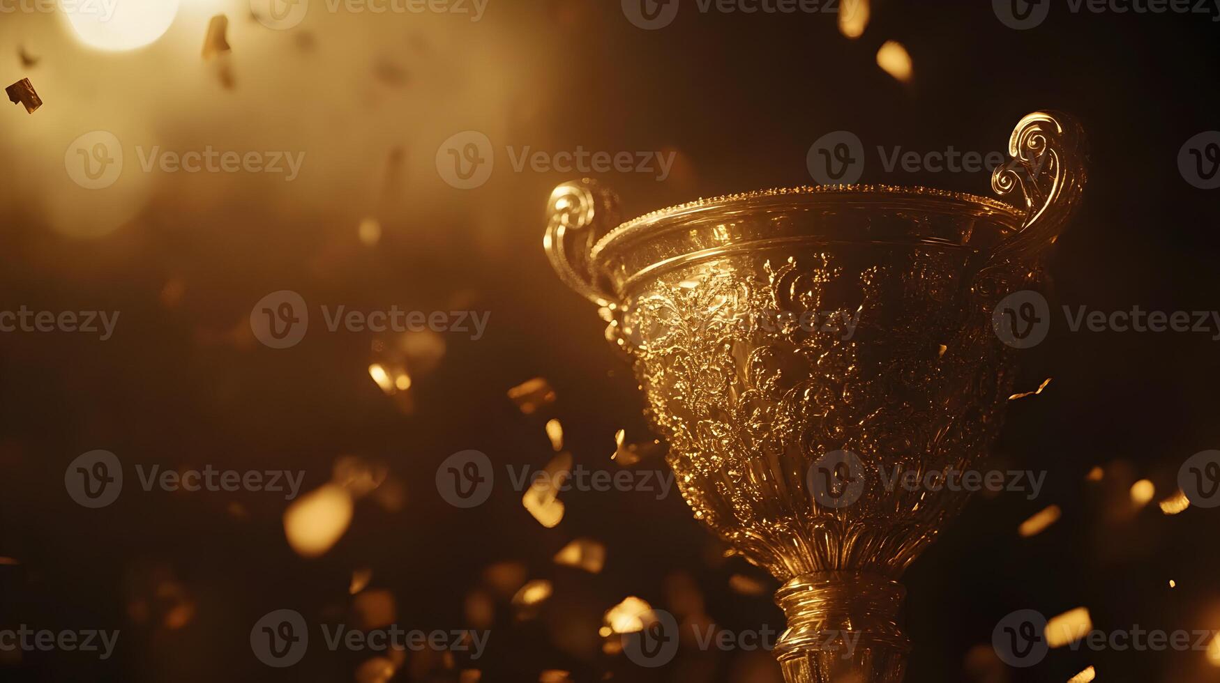 Glorious Victory Trophy Shines Amidst Floating Confetti Particles, Symbolizing Triumph Achievement photo