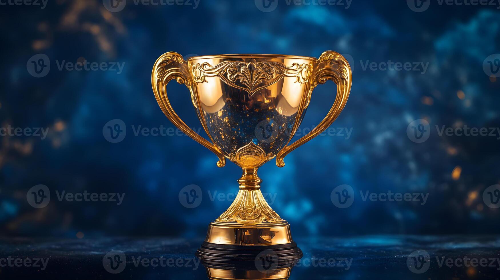 Ornate golden trophy with intricate details shining brightly against a nebula background photo