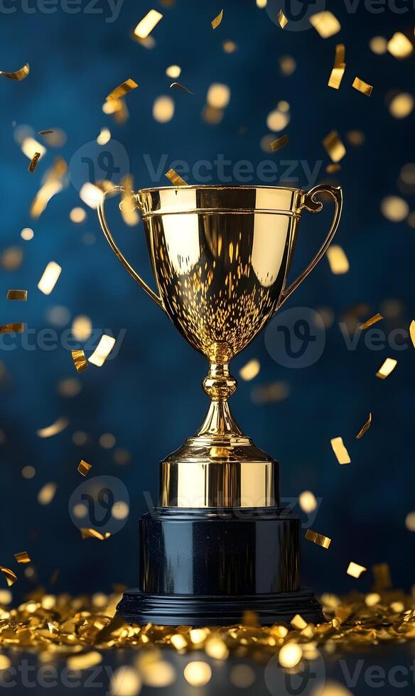 Golden triumph an emblem of achievement under a shimmering cascade of celebration confetti photo