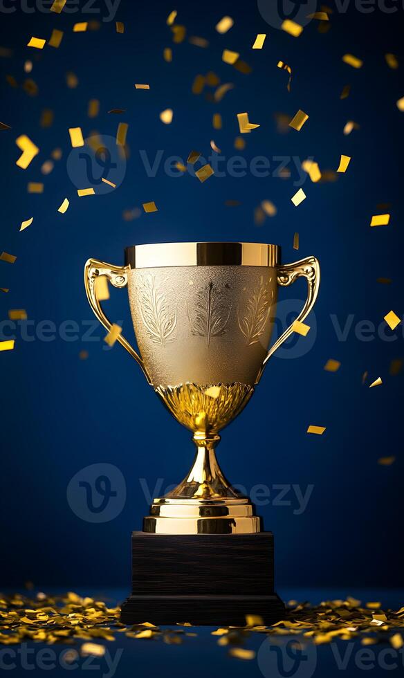 Shining golden trophy celebration with festive confetti, a symbol of accomplishment and victory photo