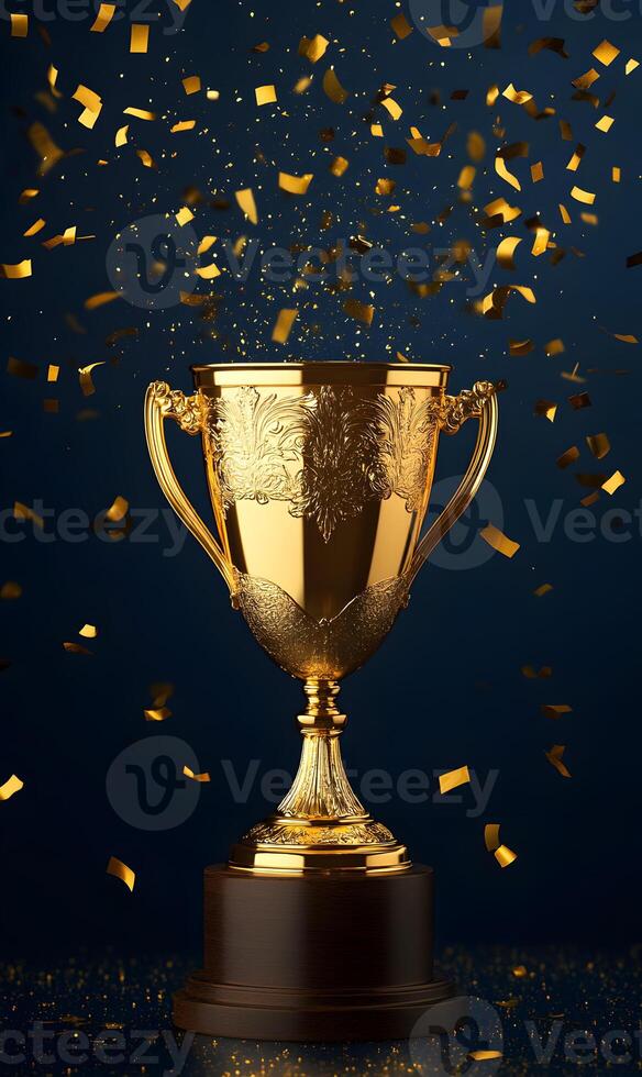 Majestic golden trophy under showering confetti symbolizing victory and achievement event photo