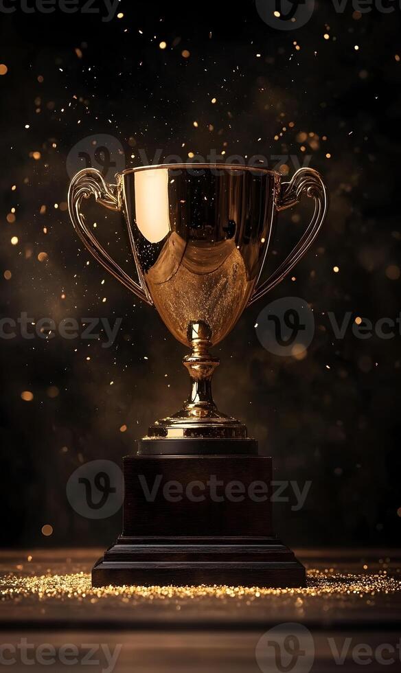 Radiant Gold Trophy Shines Amidst Sparkles of Triumph and Success, Symbolizing Victory photo