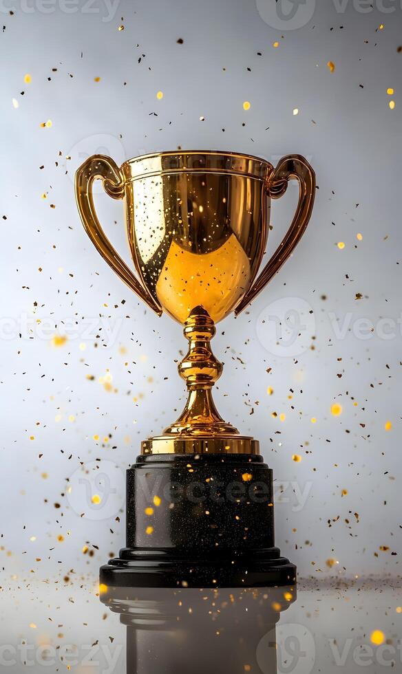 Golden trophy cup with festive confetti, symbol of success and achievement background photo