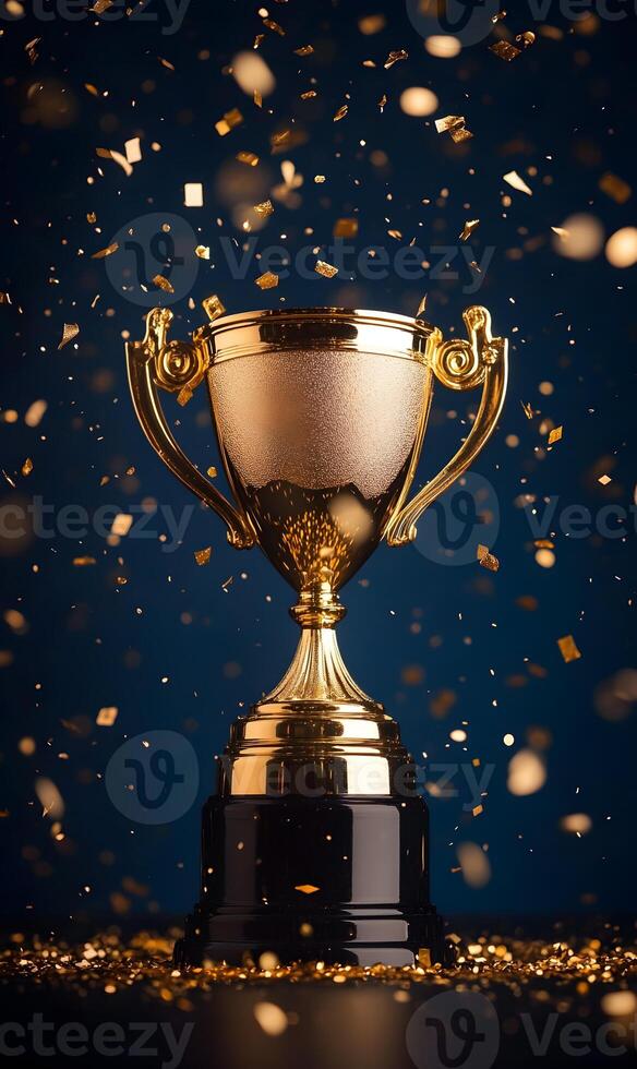 Golden achievement trophy with falling confetti, signifying triumph, success, and celebration photo