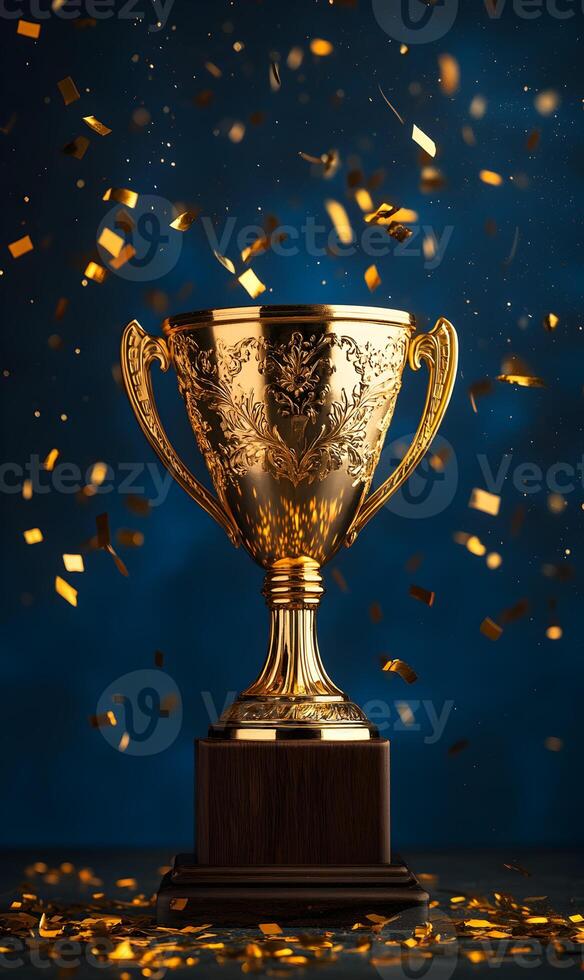 Golden trophy glistens, a testament to victory, surrounded by glittering confetti showers of success photo