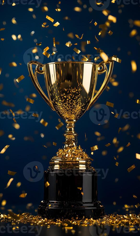 Golden trophy reflecting achievement with falling confetti on a deep gradient background photo
