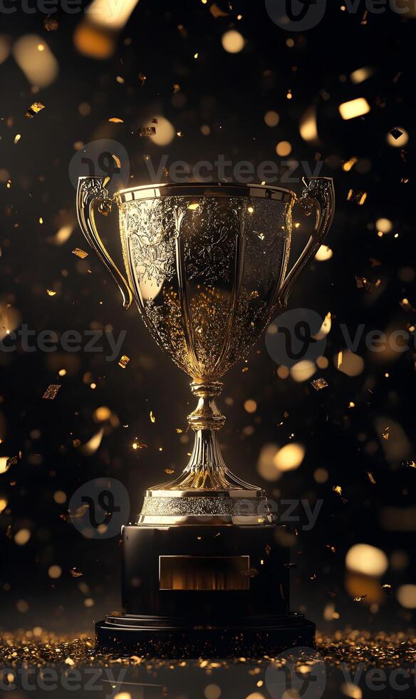 Triumph of Ambition Golden Trophy with Confetti Showering Down, Symbolizing Winning Achievement photo