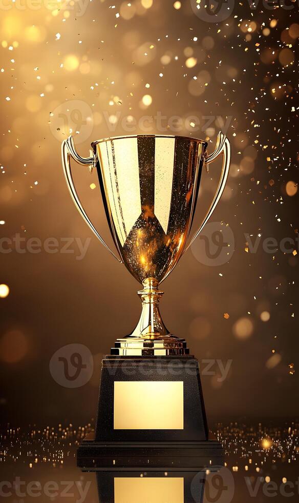Radiant Celebration Golden Trophy Displayed Against a Gleaming Bokeh Backdrop, Symbolizing Victory photo