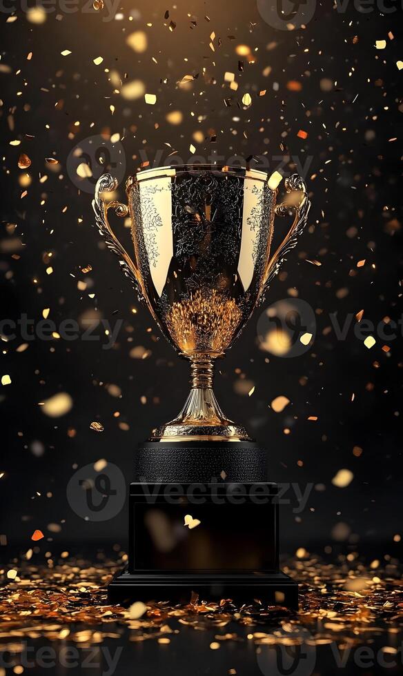 Elegance in triumph, golden trophy stands amidst falling glitter expressing victory and recognition photo