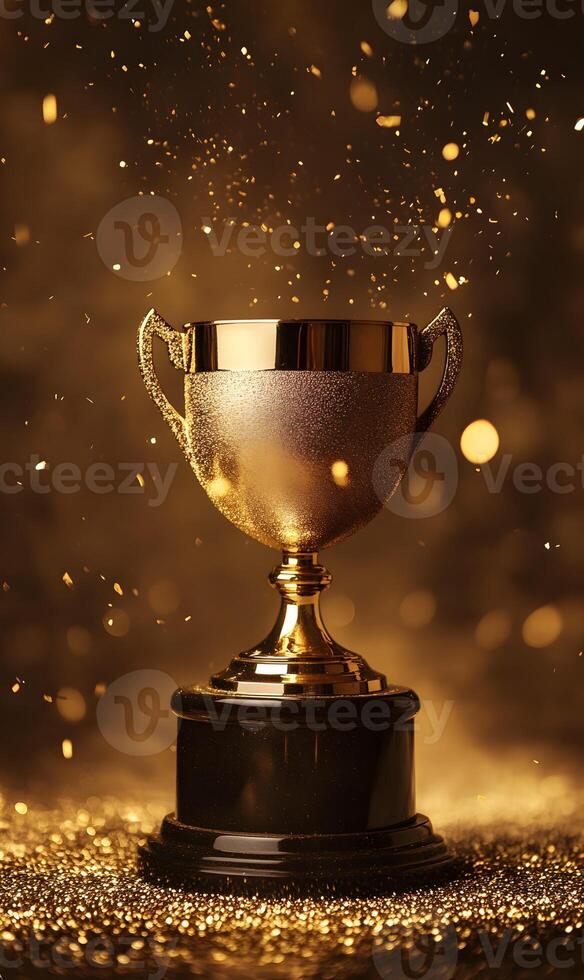 Trophy amidst sparkling golden particles, symbolizing achievement and recognizing victory photo