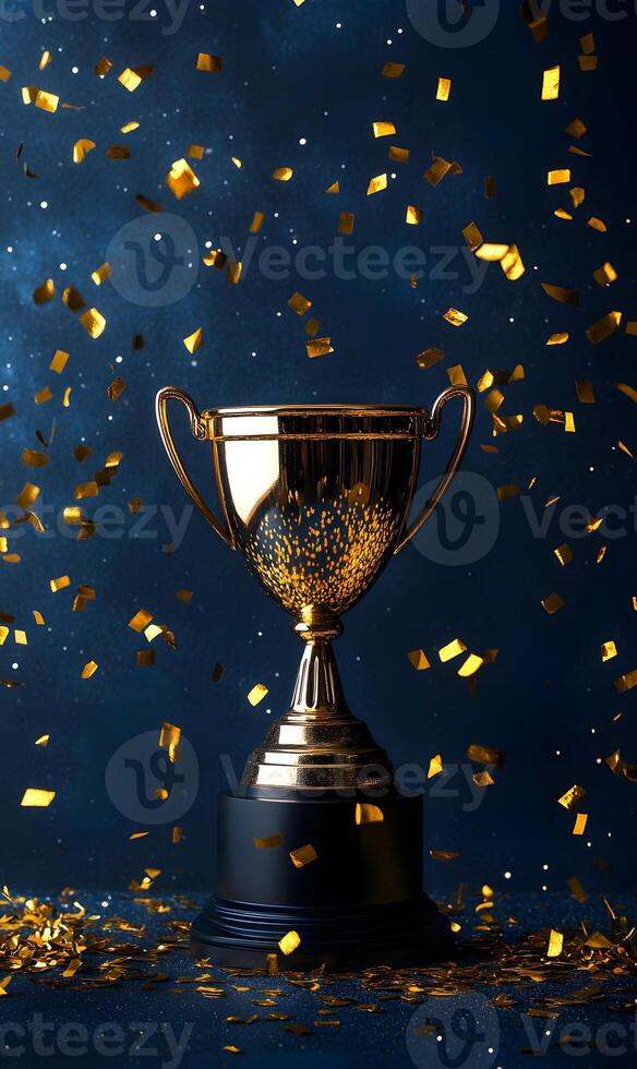 Golden trophy celebration with falling confetti against a dark backdrop illustration photo