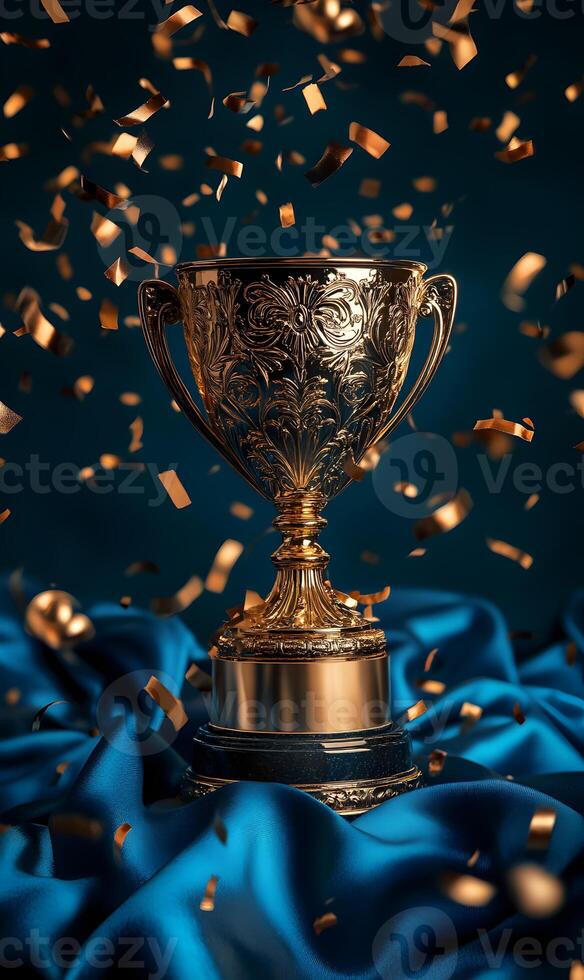 Golden Achievement Trophy with Falling Confetti on Draped Fabric for Celebration Moment photo