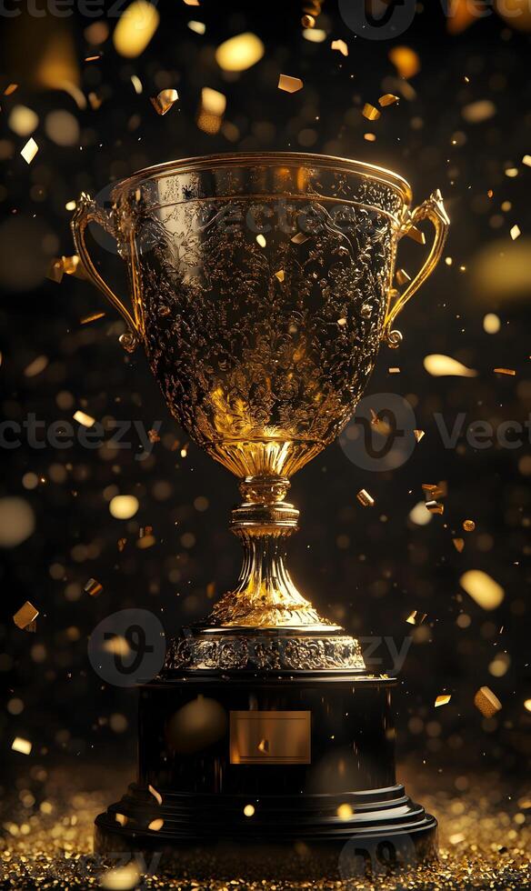Glistening golden trophy amidst a shower of celebration, reflecting success and achievement photo