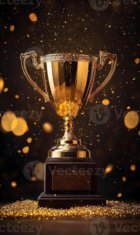 Illustrative golden trophy standing tall, symbolising victory and shimmering with confetti showers photo