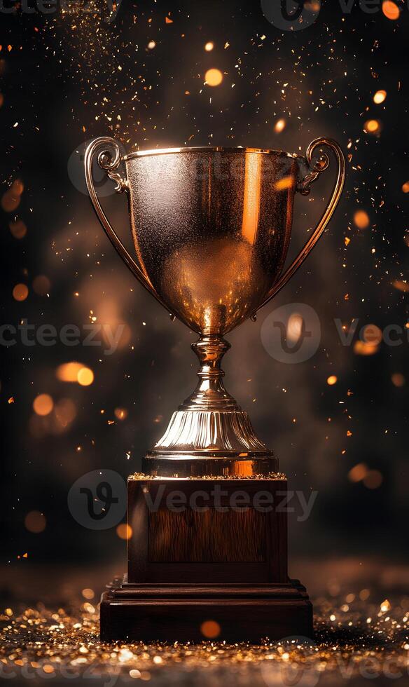 Celebrating triumph golden trophy amidst festive illumination and sparkling confetti shower photo