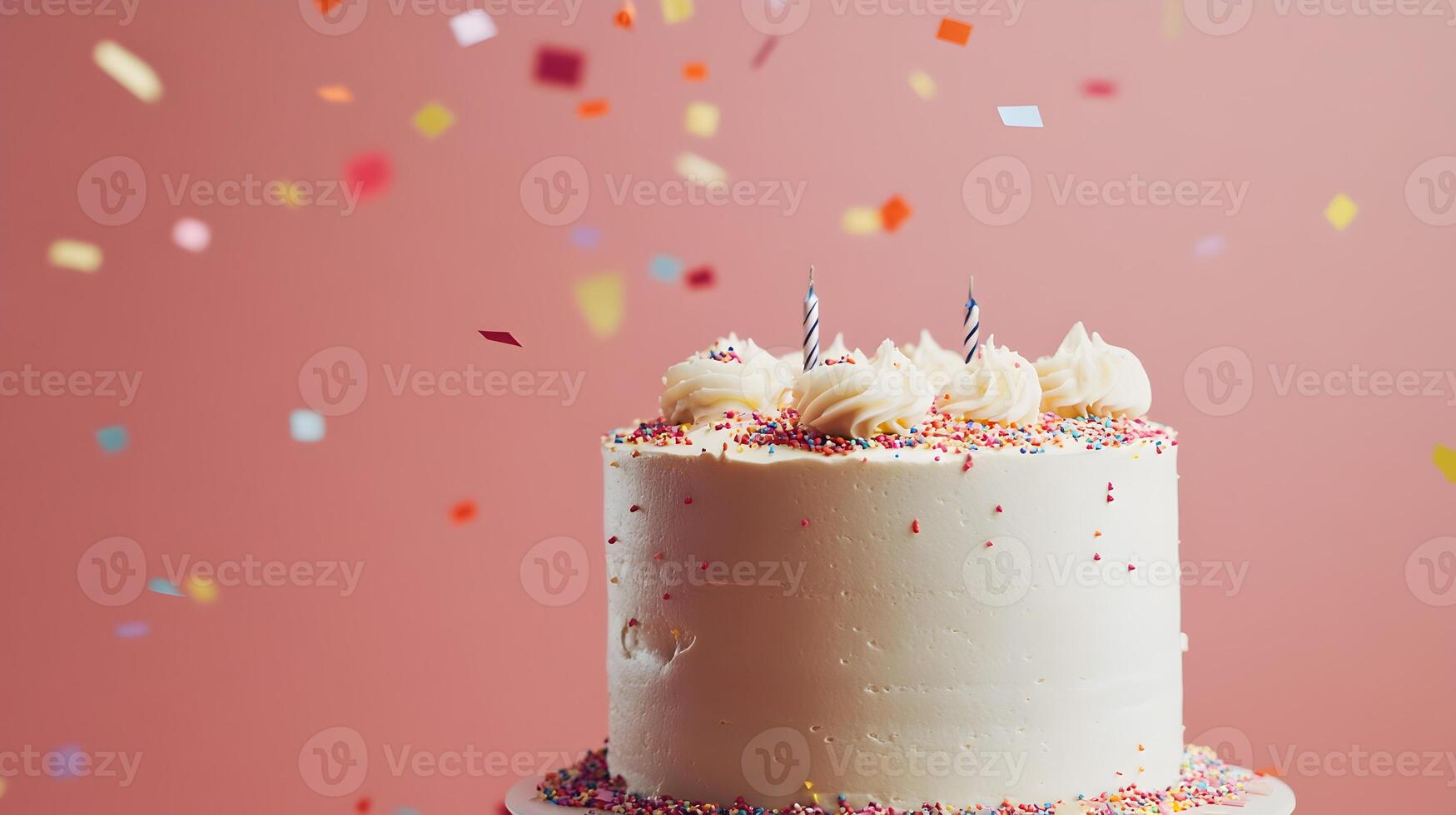 Celebration cake with candles, confetti and creamy frosting for birthdays or anniversaries photo