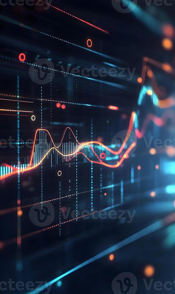 Futuristic analytical display with dynamic financial chart and informational grid elements photo