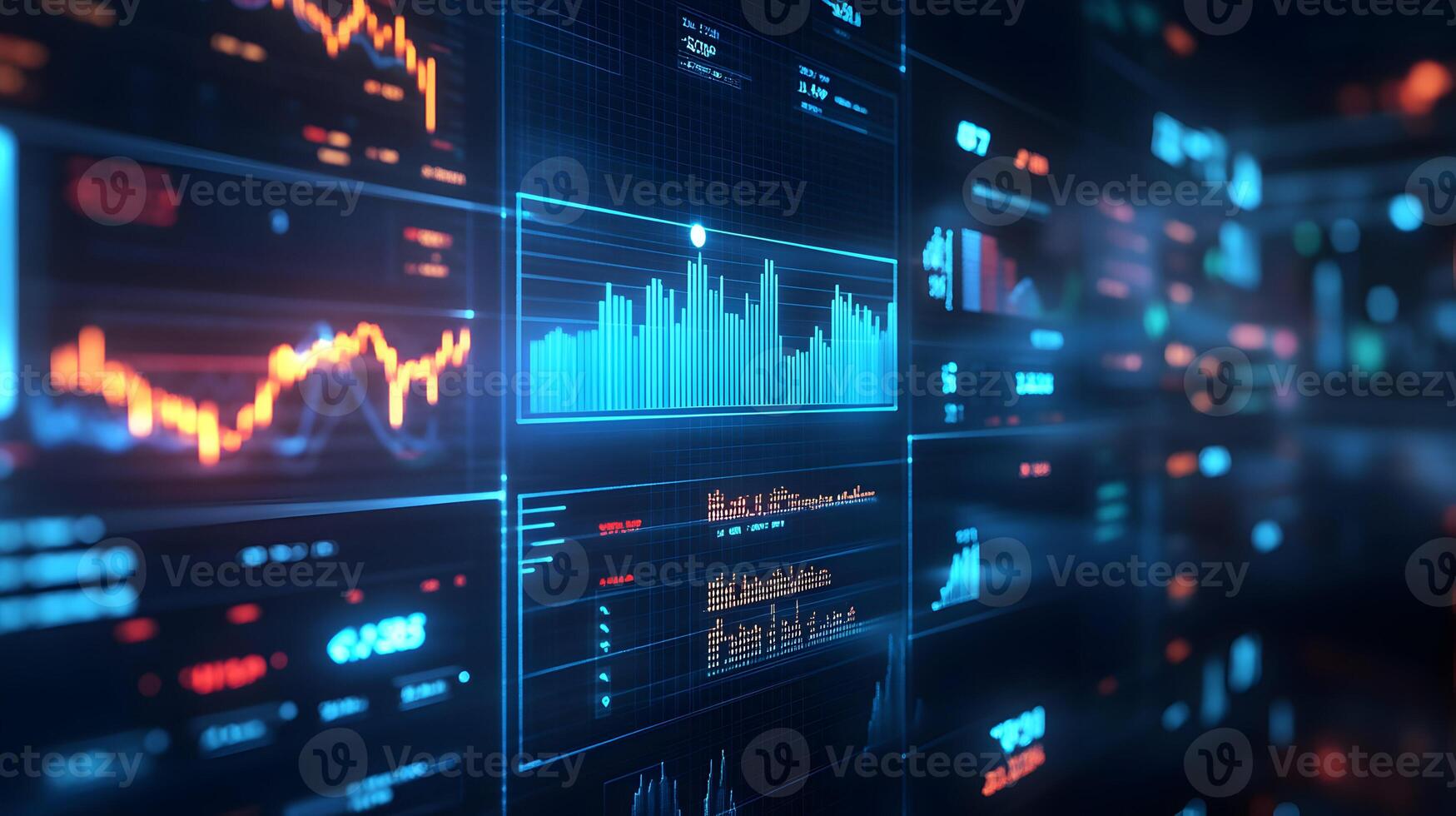 Futuristic stock market analysis interface revealing complex graphs and data flow visualization photo