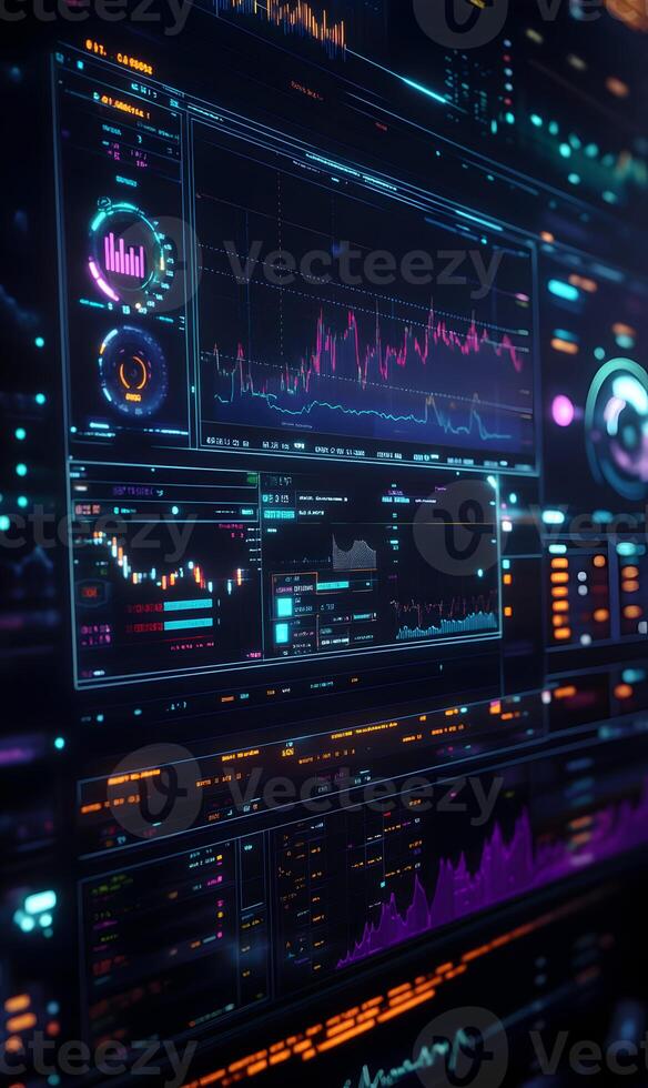 Advanced financial data analysis on futuristic digital interface, complex information flow photo