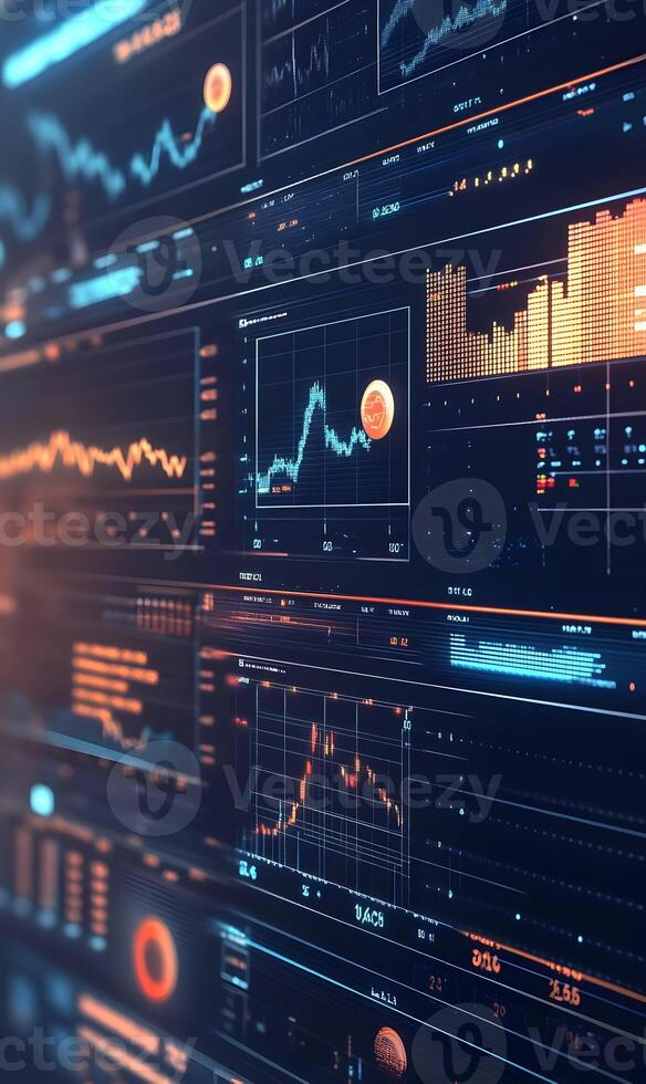 Financial data analytics interface displays stock charts, graphs, and digital currency indicators photo