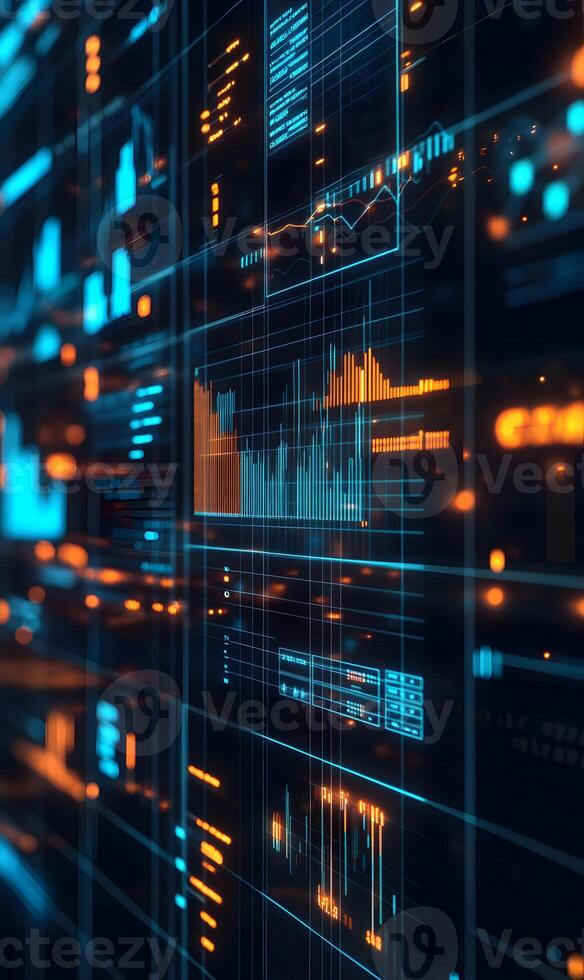 Futuristic financial technology displaying digital network communication charts and data screens photo
