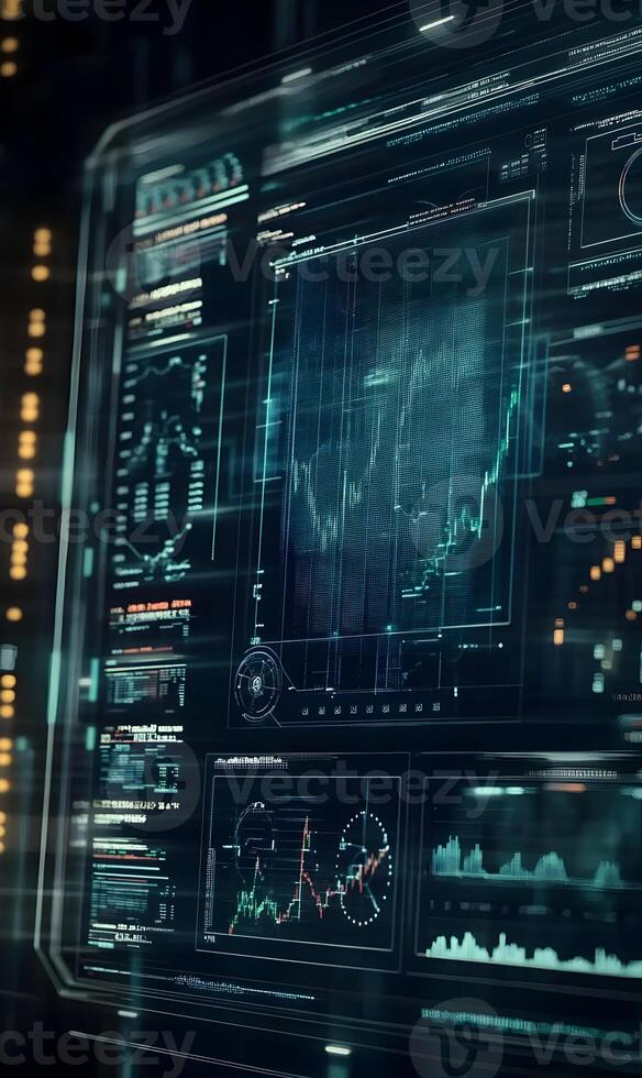 Sophisticated technology interface with financial data visualization for analytical strategies photo