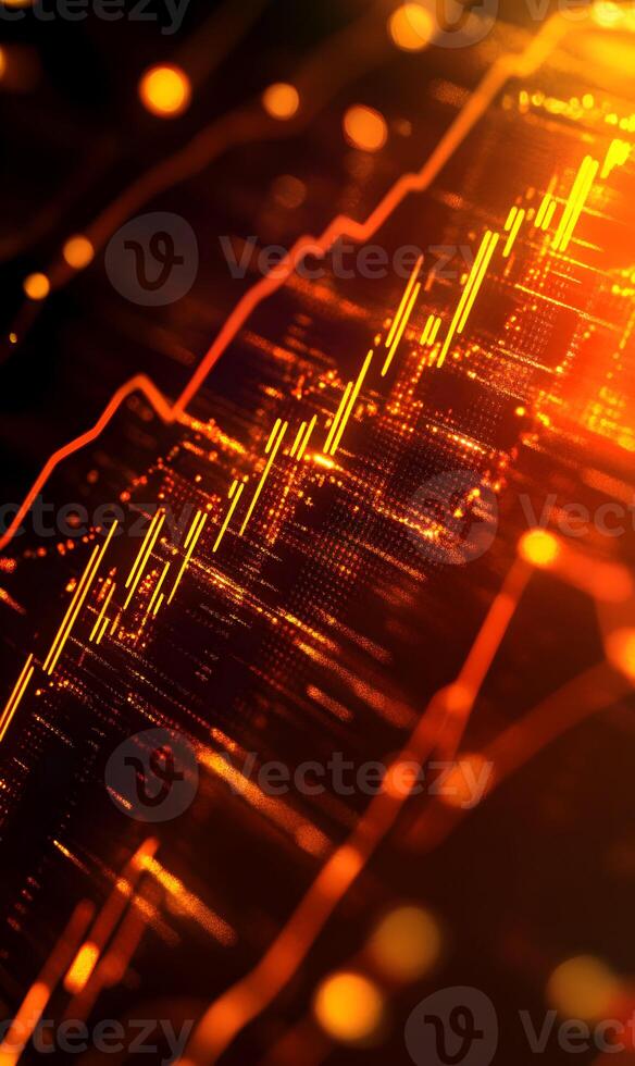 Dynamic glowing stock chart display with ascending lines and luminous dots background. photo