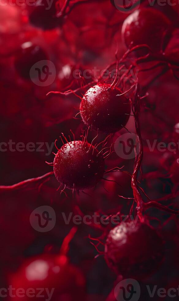 Captivating microphotograph depicting intricately structured malignant cells under vibrant red lighting photo