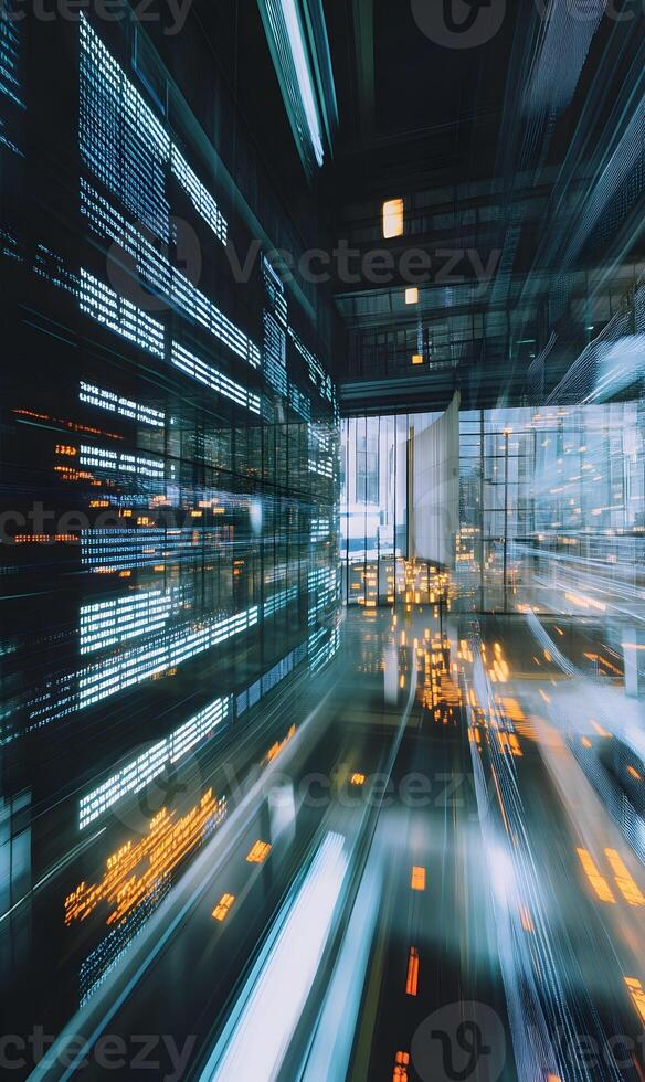 Abstract representation of data flow in futuristic server room with light streaks of code photo
