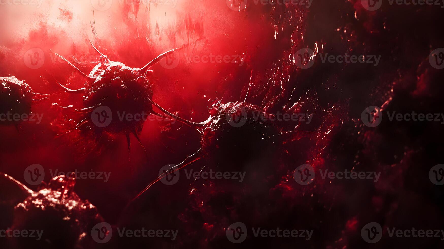 Close-up microscopic visualization of malignant cancer cell expansion and red infected cells photo