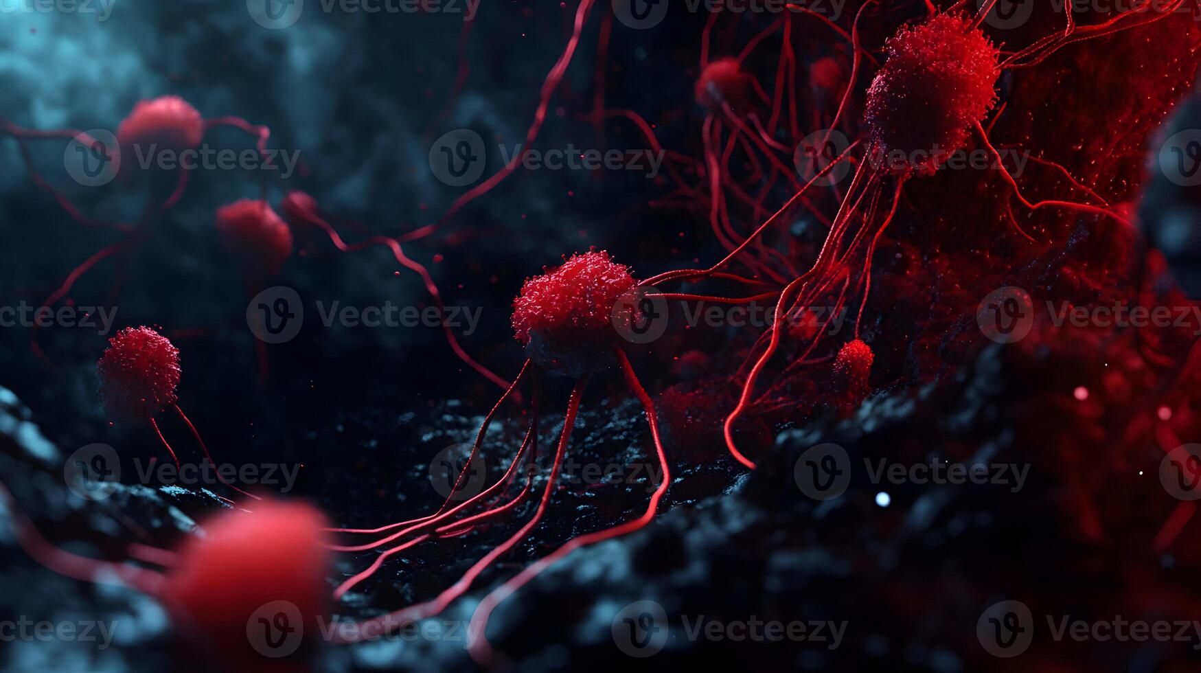 Deeply rendered visualization showcasing clusters of abnormal cell growth and spread photo