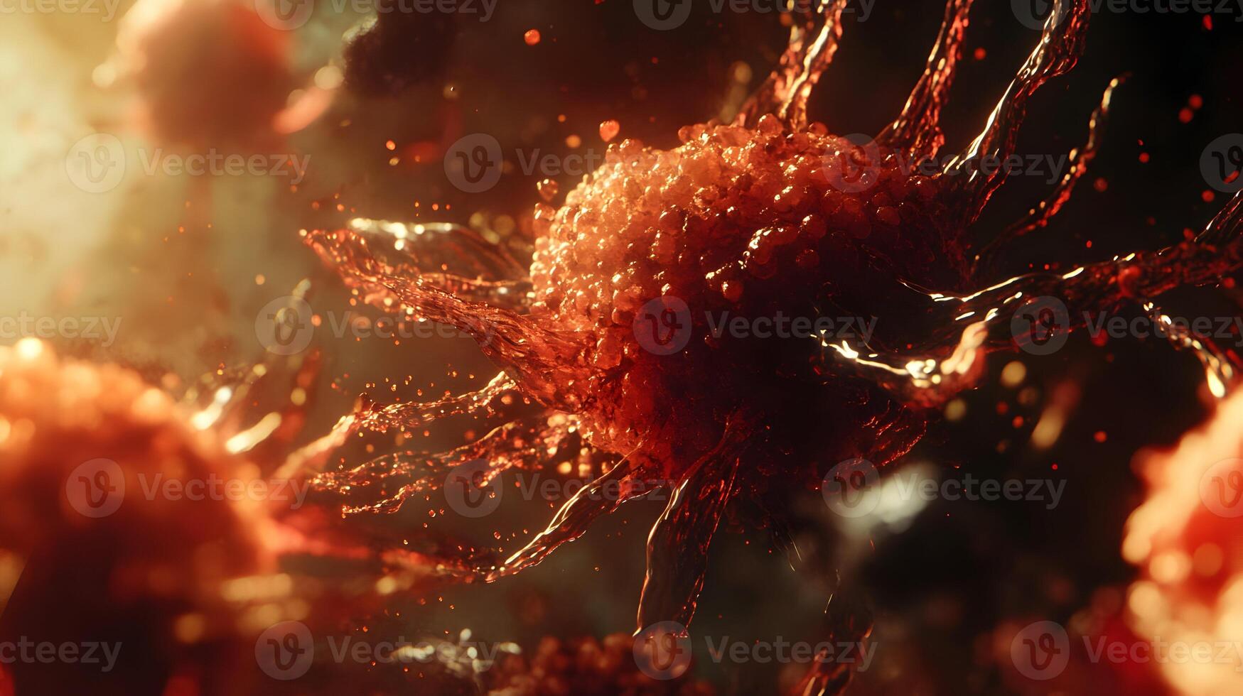 Detailed microscopic view displaying the intricate structure of cancer cells multiplying photo