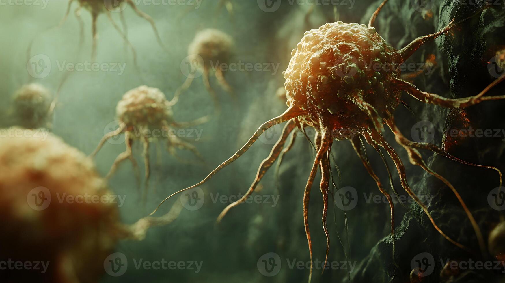 Detailed microscopic view of cancer cells with threadlike protrusions in a green ambient photo