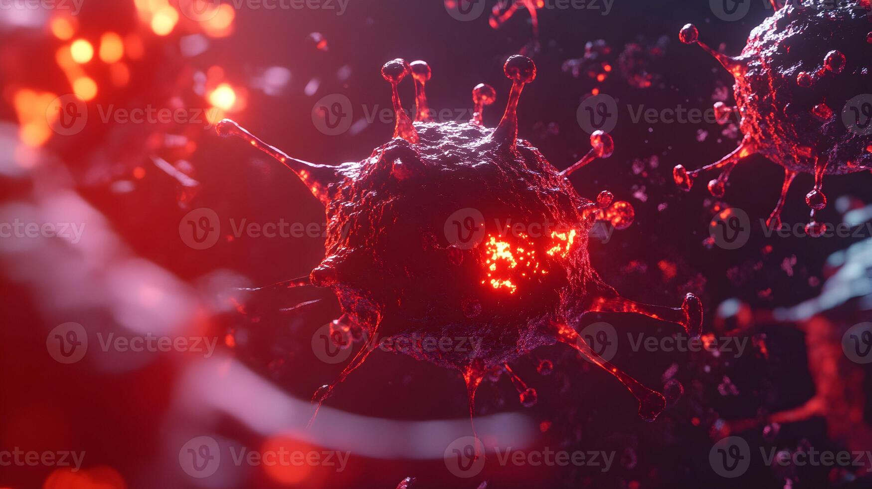 Detailed microscopic view of cancer cells in a dark environment, scientific visualization photo